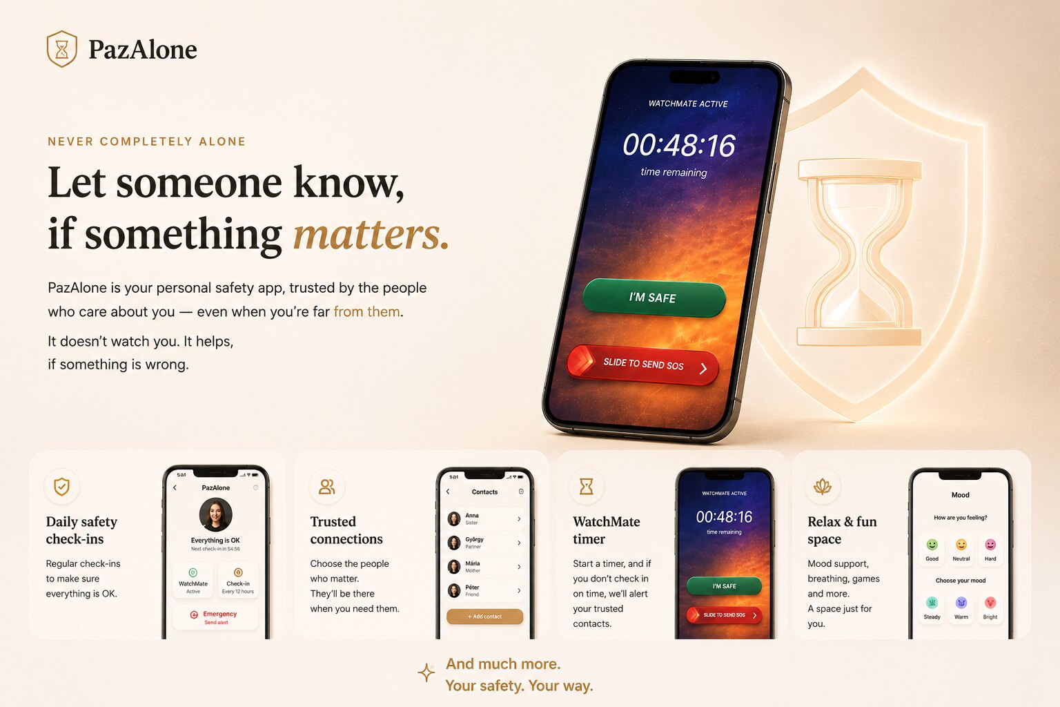 A PazAlone alkalmazás képernyői telefonon